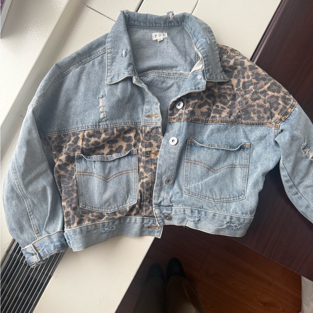 POL Blue and Leopard Print Jean Jacket